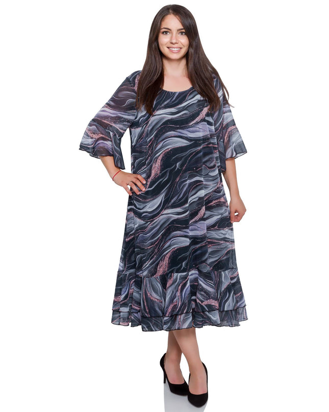 Φόρεμα Πολύχρωμο - Αφηρημένο Μοτίβο - Επίσημο - Scoop Ντεκολτέ - Κάτω από το Γόνατο - Plus Size - Άνοιξη-Καλοκαίρι