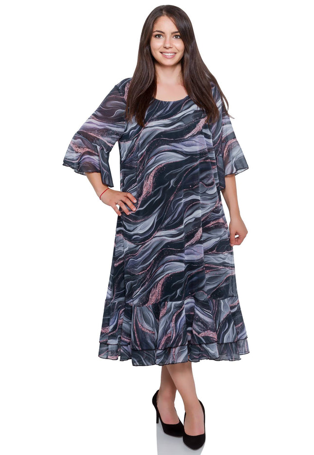Φόρεμα Πολύχρωμο - Αφηρημένο Μοτίβο - Επίσημο - Scoop Ντεκολτέ - Κάτω από το Γόνατο - Plus Size - Άνοιξη-Καλοκαίρι