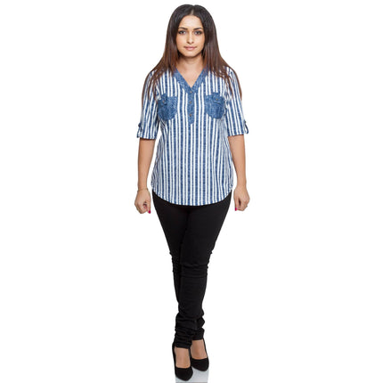 Γυναικείο Plus-Size Πουκάμισο - Μπλε Ριγέ - V-neck - Επίσημο - Όλες οι Εποχές