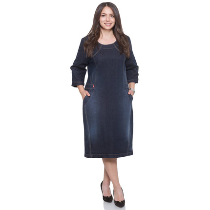 Φόρεμα Σκούρο Μπλε - Κομψό Κλασικό Στυλ - Επίσημες Περιστάσεις - Κάτω από το Γόνατο - Τσέπες - Μεγέθη 2XL έως 4XL - Όλες οι Εποχές