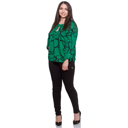 Γυναικείο Plus-Size Πουκάμισο - Πράσινο Αφηρημένο Σχέδιο - Επίσημο - Όλες οι Εποχές - Στρογγυλή Λαιμόκοψη - Άνετο και Ελαστικό