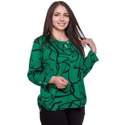 Γυναικείο Plus-Size Πουκάμισο - Πράσινο Αφηρημένο Σχέδιο - Επίσημο - Όλες οι Εποχές - Στρογγυλή Λαιμόκοψη - Άνετο και Ελαστικό