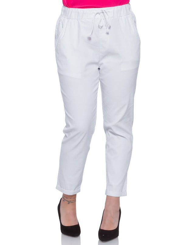 Γυναικεία Παντελόνια Λευκά - Ψηλή Μέση - Χαλαρή Γραμμή - Plus Size - Τσέπες - Ελαστική Μέση - Άνοιξη-Καλοκαίρι