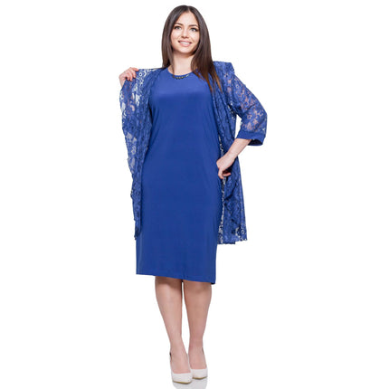 Φόρεμα & ζακέτα με Δαντέλα 2-τεμαχίων - μπλέ ρουά - Μεγέθη 2XL-6XL - Γυναικεία Επίσημα Ρούχα - Άνοιξη-Καλοκαίρι