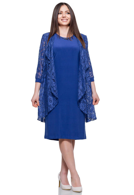 Φόρεμα & ζακέτα με Δαντέλα 2-τεμαχίων - μπλέ ρουά - Μεγέθη 2XL-6XL - Γυναικεία Επίσημα Ρούχα - Άνοιξη-Καλοκαίρι