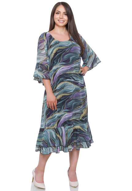 Εντυπωσιακό Πολύχρωμο Φόρεμα - Αφηρημένο Σχέδιο - Επίσημη Έμφανιση - Λαιμόκοψη Σκοπ - Κάτω από το Γόνατο - Άνοιξη-Καλοκαίρι