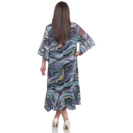 Εντυπωσιακό Πολύχρωμο Φόρεμα - Αφηρημένο Σχέδιο - Επίσημη Έμφανιση - Λαιμόκοψη Σκοπ - Κάτω από το Γόνατο - Άνοιξη-Καλοκαίρι