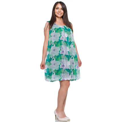 Φόρεμα Πράσινο Ανθισμένο Άνοιξη-Καλοκαίρι - Επίσημη Περίσταση - Στρογγυλή Λαιμόκοψη - Μεγάλα Μεγέθη