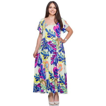 Φόρεμα Plus Size - Επίσημο - Πολύχρωμο - Φυτά & Δέντρα Σχέδιο - Άνοιξη-Καλοκαίρι
