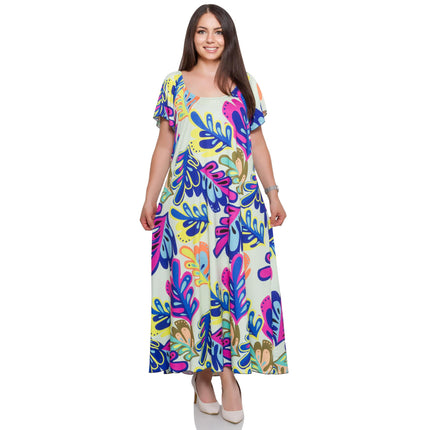 Φόρεμα Plus Size - Επίσημο - Πολύχρωμο - Φυτά & Δέντρα Σχέδιο - Άνοιξη-Καλοκαίρι