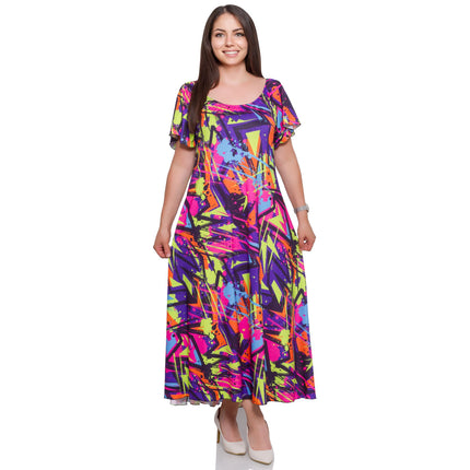 Φόρεμα Πολύχρωμο Abstract - Άνοιξη-Καλοκαίρι - Καθημερινό - Στρογγυλή Λαιμόκοψη - Μέχρι τον Αστράγαλο