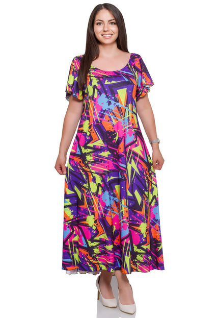 Φόρεμα Πολύχρωμο Abstract - Άνοιξη-Καλοκαίρι - Καθημερινό - Στρογγυλή Λαιμόκοψη - Μέχρι τον Αστράγαλο