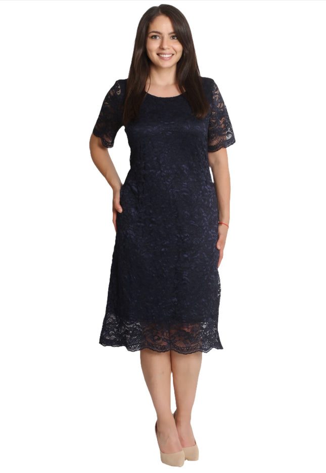 Φόρεμα Σκούρο Μπλε - Λουλουδάτο Σχέδιο - Μοντέρνο - Κάτω από το Γόνατο - Plus Size - Άνοιξη-Καλοκαίρι