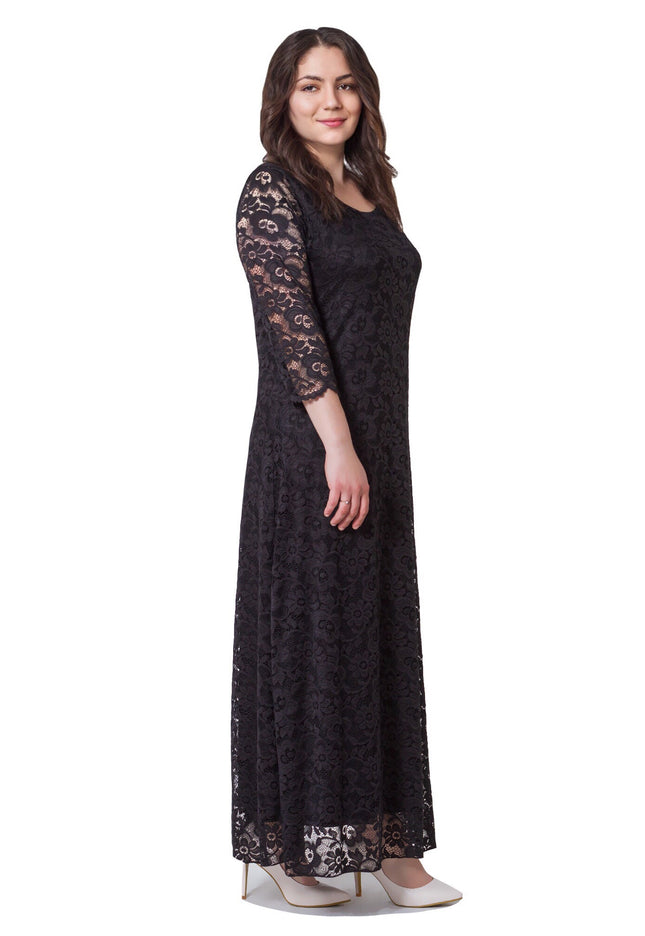 Επίσημο Μαύρο Φόρεμα - Λουλουδάτο Σχέδιο - Στρόγγυλη Λαιμόκοψη - Μέχρι τον Αστράγαλο - Άνοιξη-Καλοκαίρι