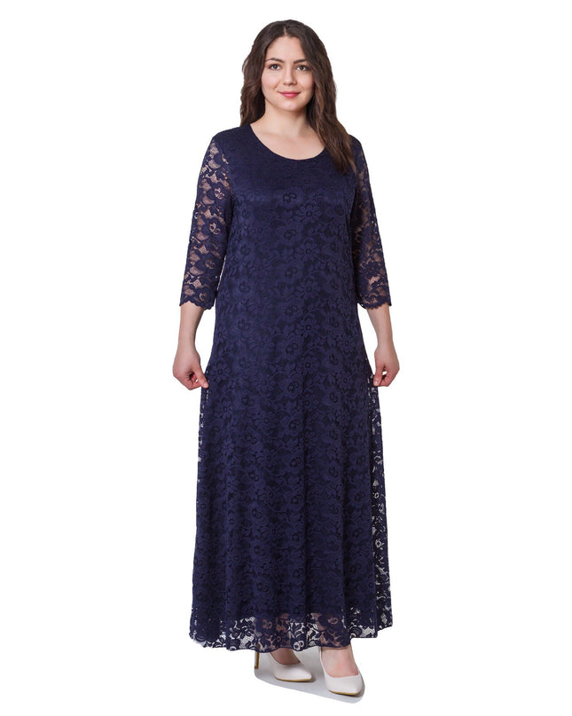 Κομψό Σκούρο Μπλε Φόρεμα Plus-Size - Φλοράλ - Επίσημο - Στρογγυλή Λαιμόκοψη - Μακρύ - Άνοιξη-Καλοκαίρι