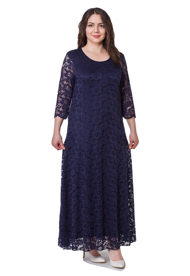 Κομψό Σκούρο Μπλε Φόρεμα Plus-Size - Φλοράλ - Επίσημο - Στρογγυλή Λαιμόκοψη - Μακρύ - Άνοιξη-Καλοκαίρι