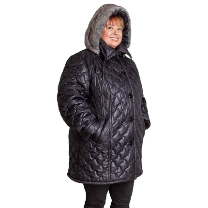 Κομψό Μαύρο Μπουφάν Plus-Size για Γυναίκες - Φθινόπωρο-Χειμώνας - Γεωμετρικό Σχέδιο - Με Κουκούλα και Τσέπες