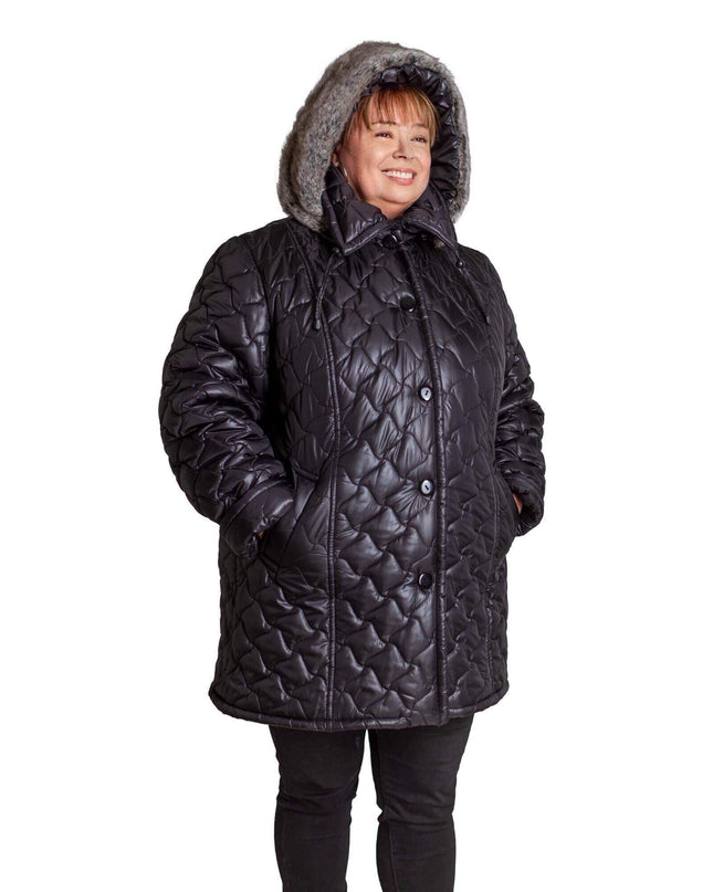 Κομψό Μαύρο Μπουφάν Plus-Size για Γυναίκες - Φθινόπωρο-Χειμώνας - Γεωμετρικό Σχέδιο - Με Κουκούλα και Τσέπες